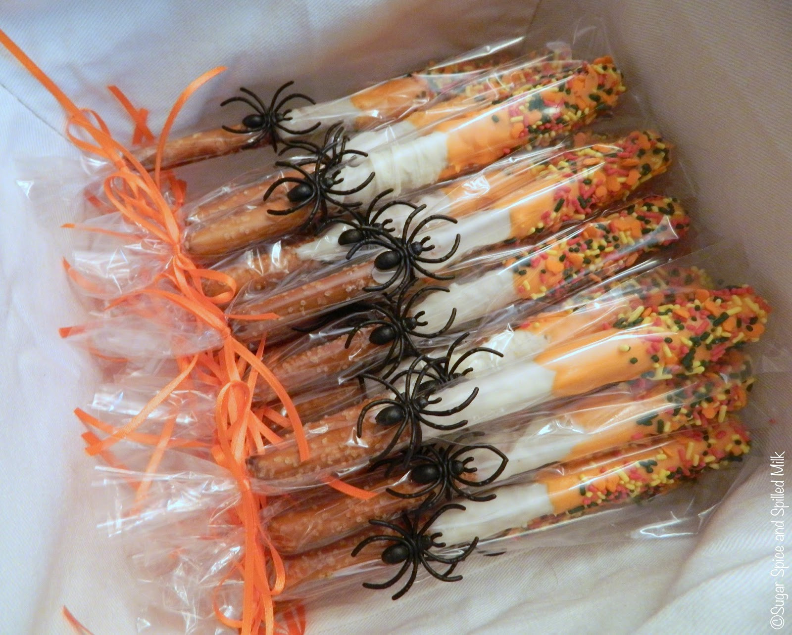 Halloween Chocolate Covered Pretzels
 Sugar Spice and Spilled Milk Dipped Pretzel Rods for