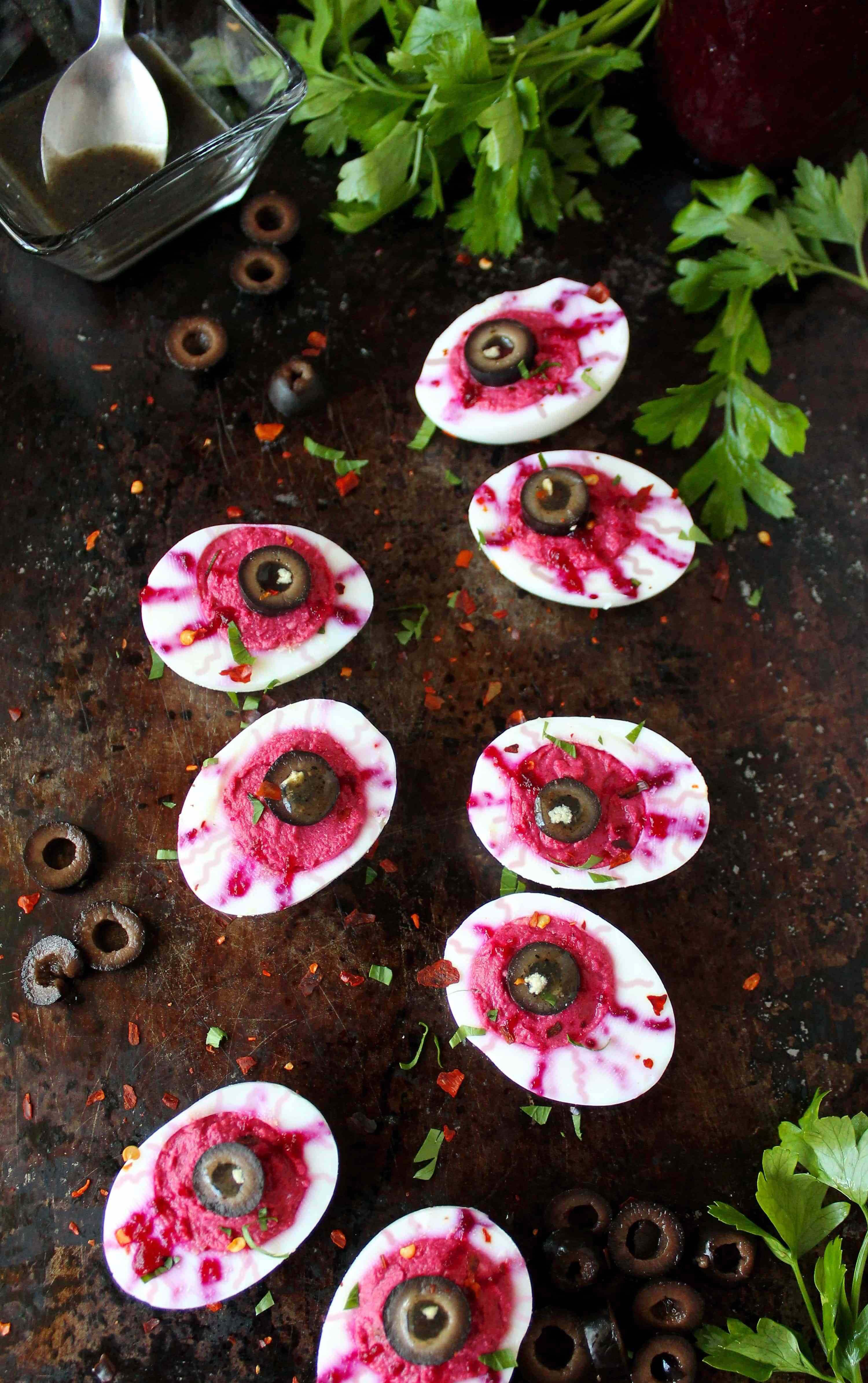 Halloween Deviled Eggs Eyeballs
 Deviled Egg Bloody Eyeballs Mayo Free Beet Filled