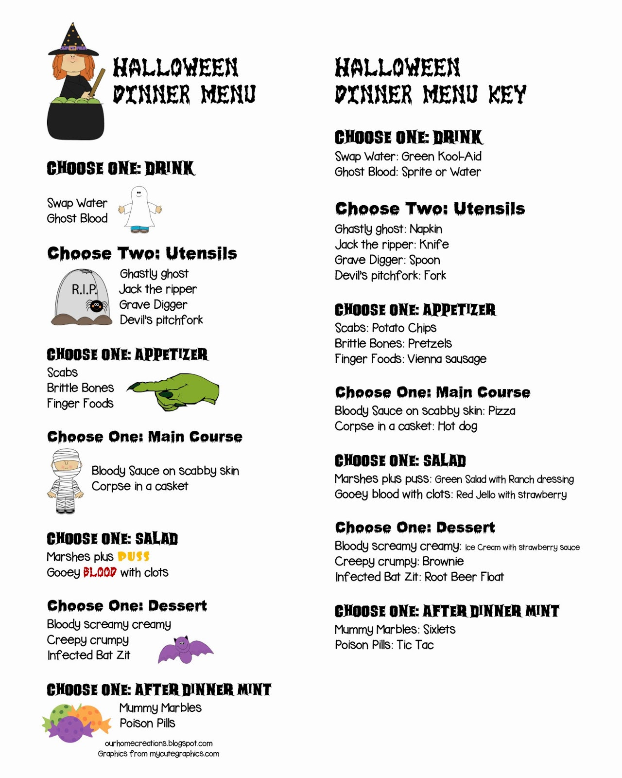 Halloween Dinner Menus
 ourhomecreations Printable Halloween Dinner Menu