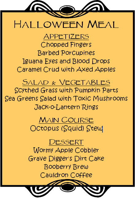 Halloween Dinner Menus
 Spooky Halloween Meal I love the idea of making the menu