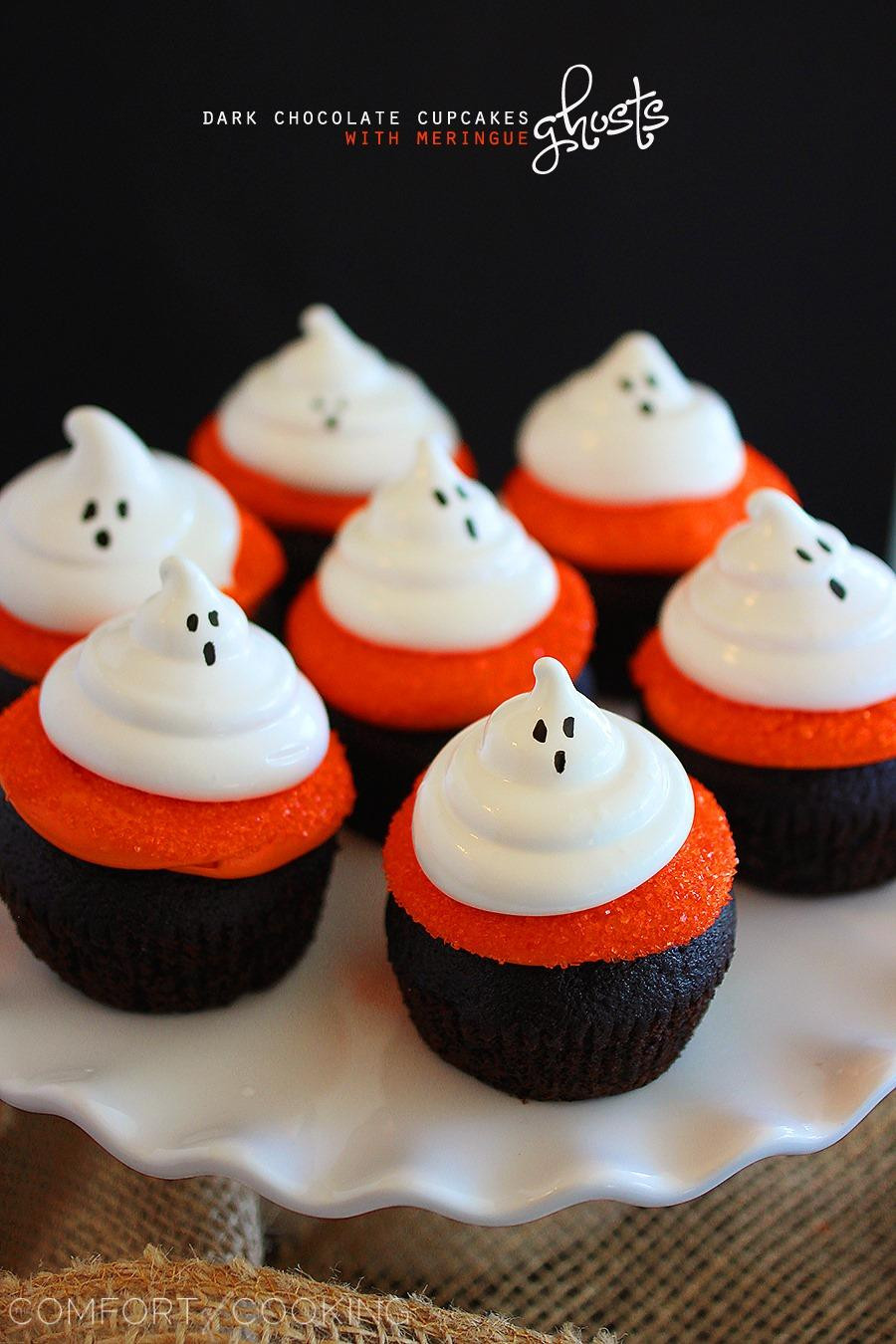 Halloween Ghost Cupcakes
 Dark Chocolate Cupcakes with Meringue Ghosts