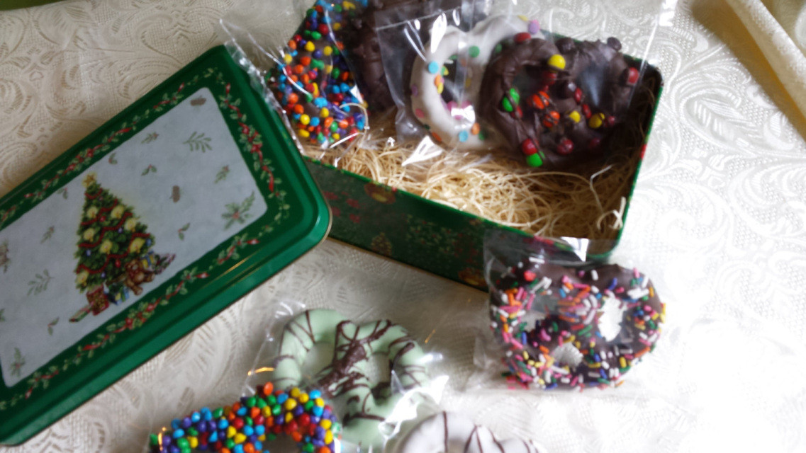 Individually Wrapped Christmas Cookies
 Chocolate pretzel Holiday Tin Basket 8 assorted hand made