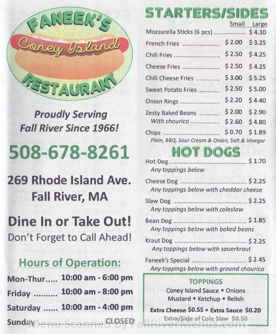 Rogers Hot Dogs Fall River
 Faneek’s Coney Island Restaurant