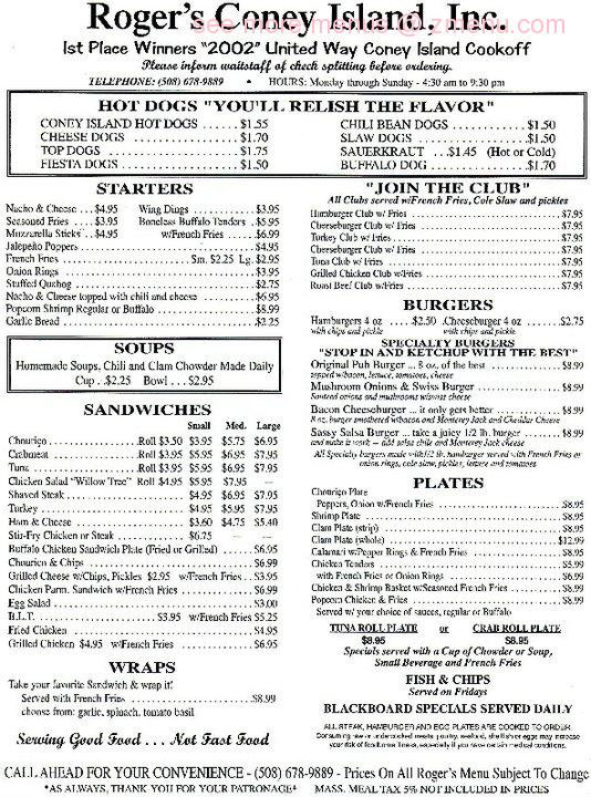 Rogers Hot Dogs Fall River
 line Menu of Rogers Coney Island Hot Dogs Restaurant