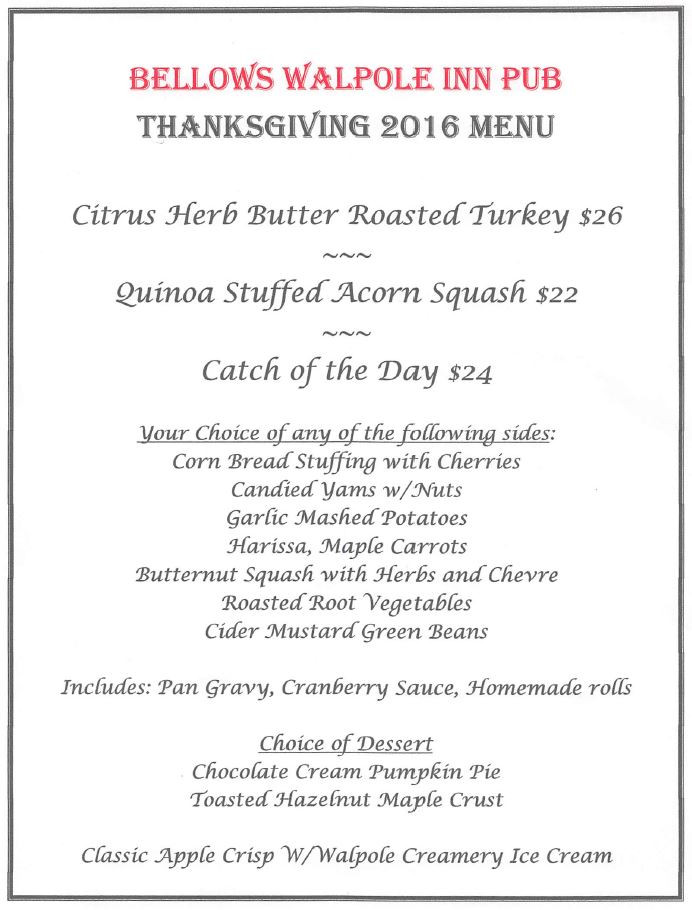 Thanksgiving Breakfast Menu
 Thanksgiving – Bellows Walpole Inn – Walpole New