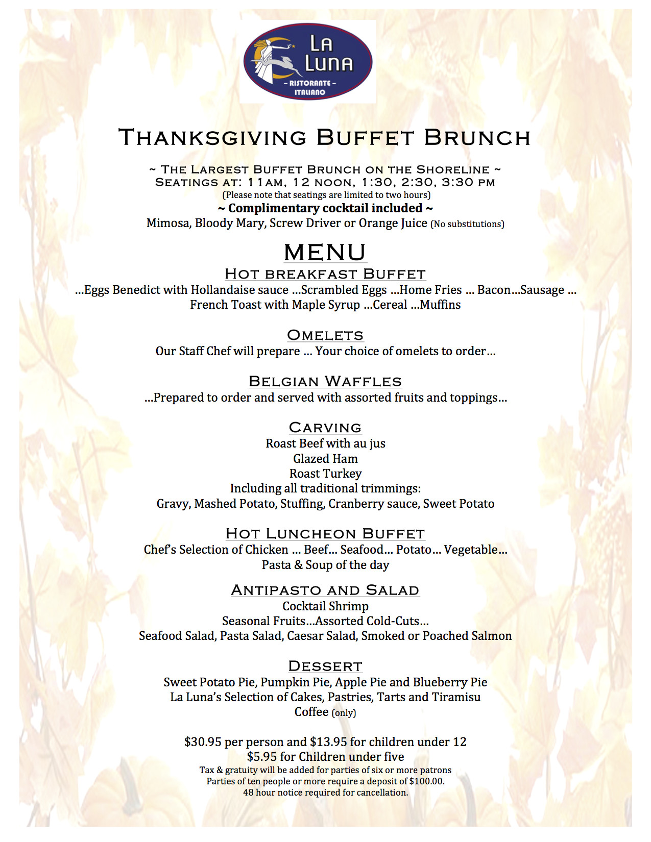 Thanksgiving Breakfast Menu
 La Luna Ristorante Italiano Branford CT