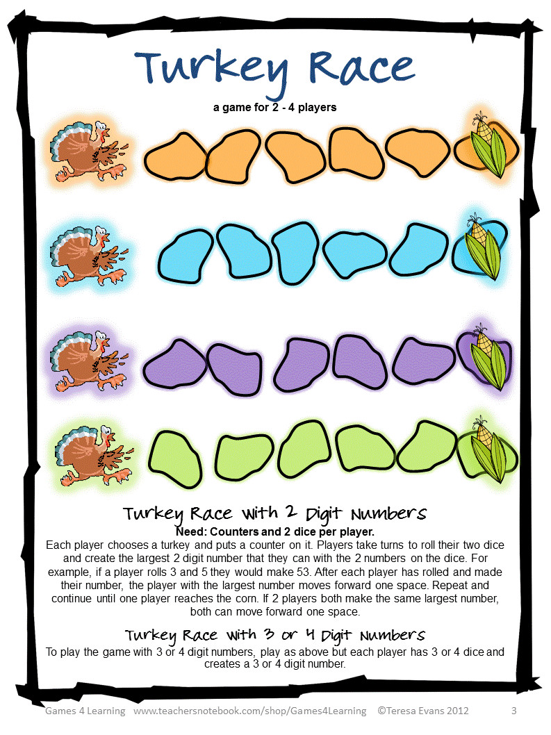 Thanksgiving Games Turkey Run
 Fun Games 4 Learning Thanksgiving Math Freebies