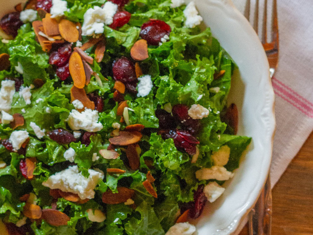 Thanksgiving Salads 2019
 Kale Salad with Cranberries Almonds and Goat Cheese