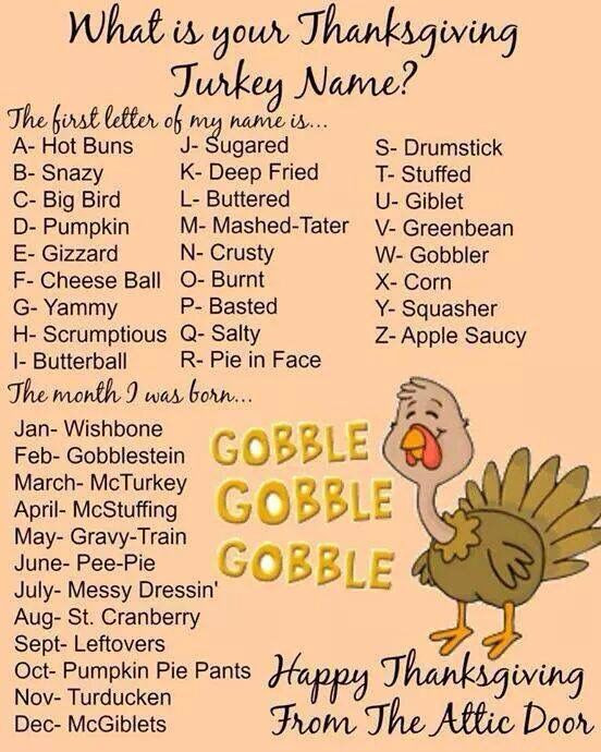 Thanksgiving Turkey Names
 Your Thanksgiving Turkey name is